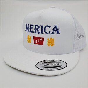 Merica Trucker Hat USA Flag Flat Bill Snapback Cap Patriotic 4th of July White